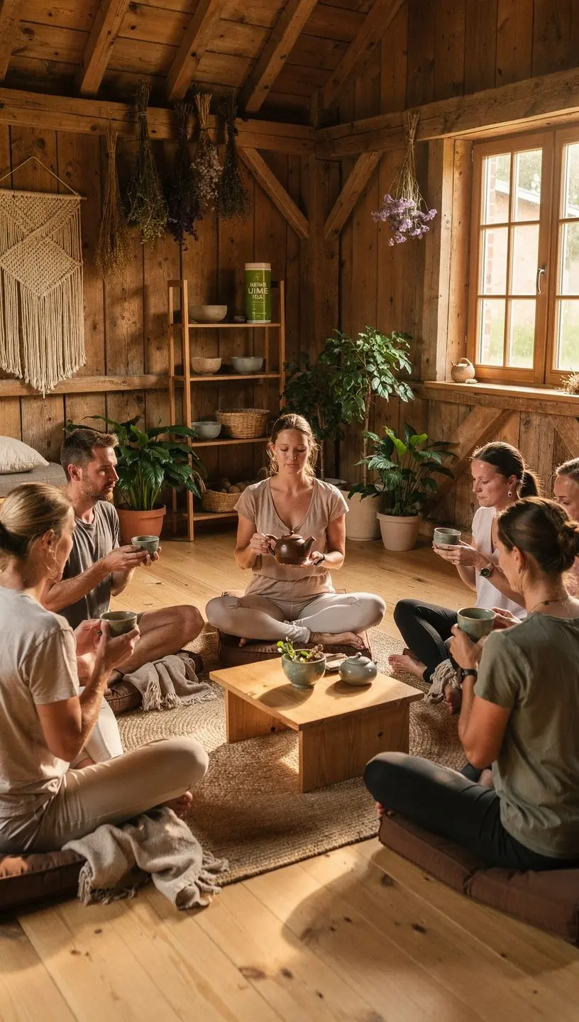 Ekologiniai ingredientai, išauginti tropikų miškuose, išdėstyti ant natūralaus medžio paviršiaus.