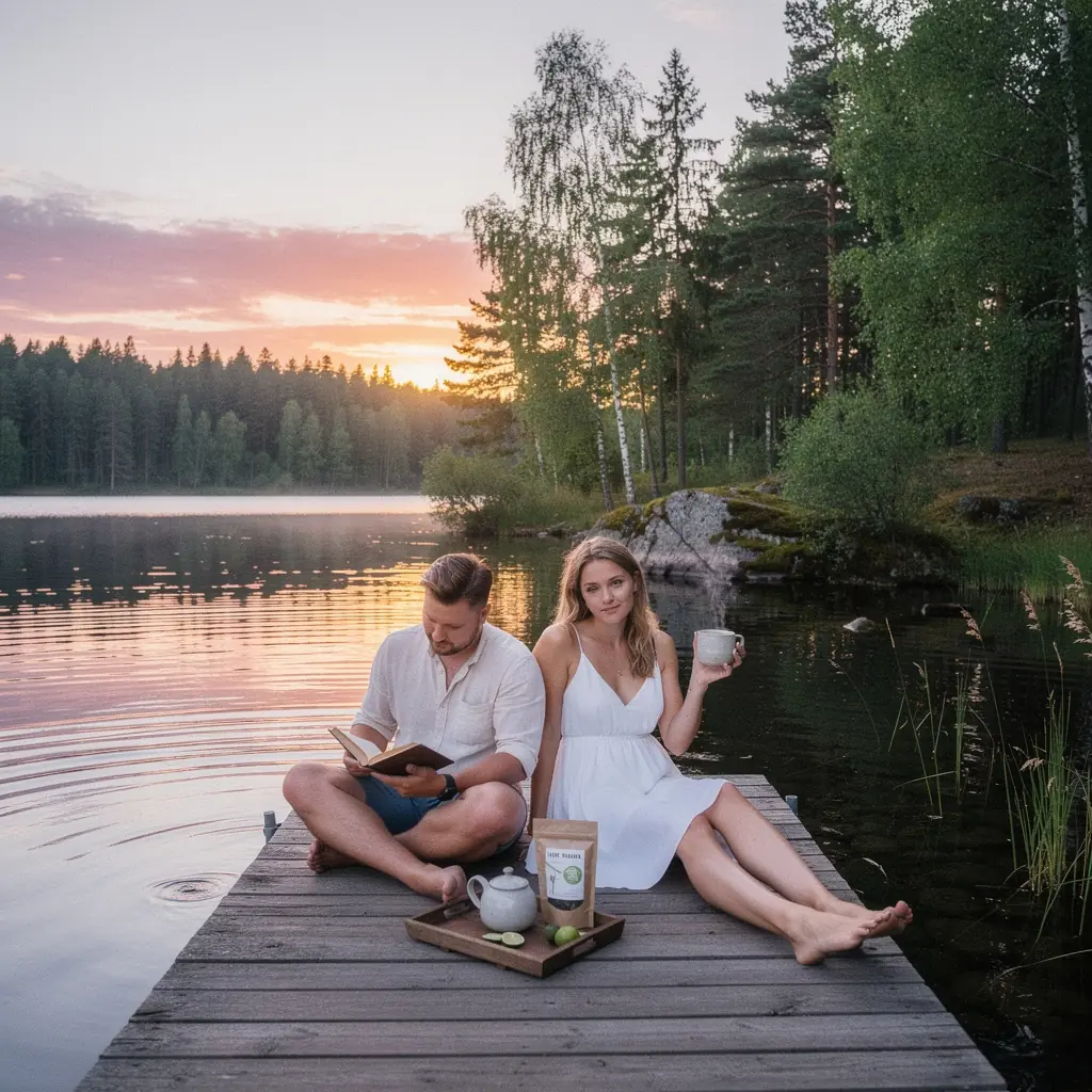 Arbatos puodelis, šalia šviežių kalkių ir lapų.